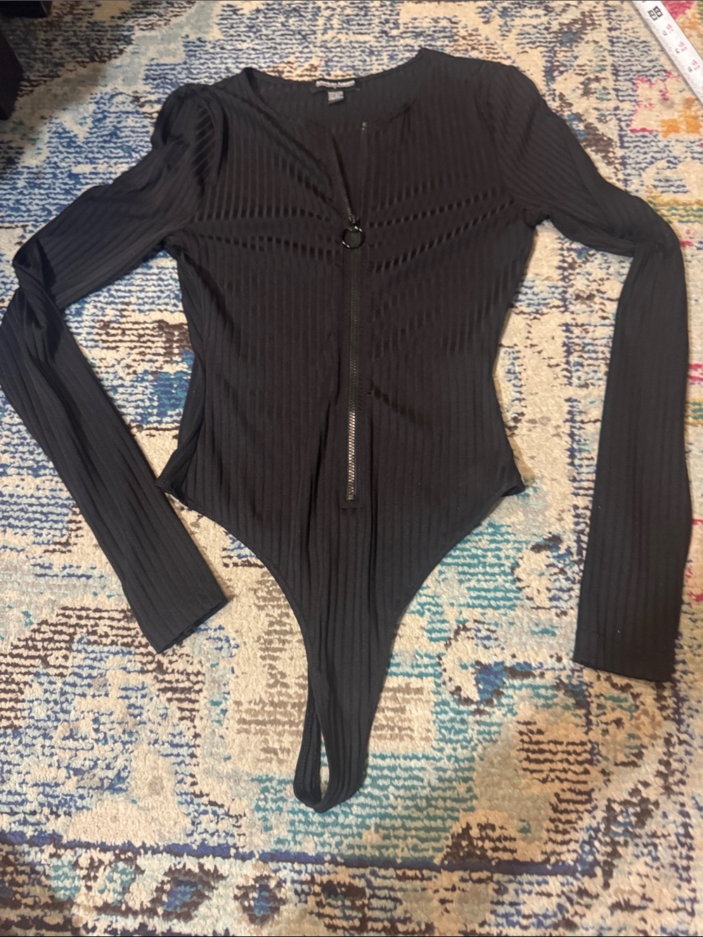 American Apparel Black Ribbed Long-Sleeve Zip-Front Bodysuit